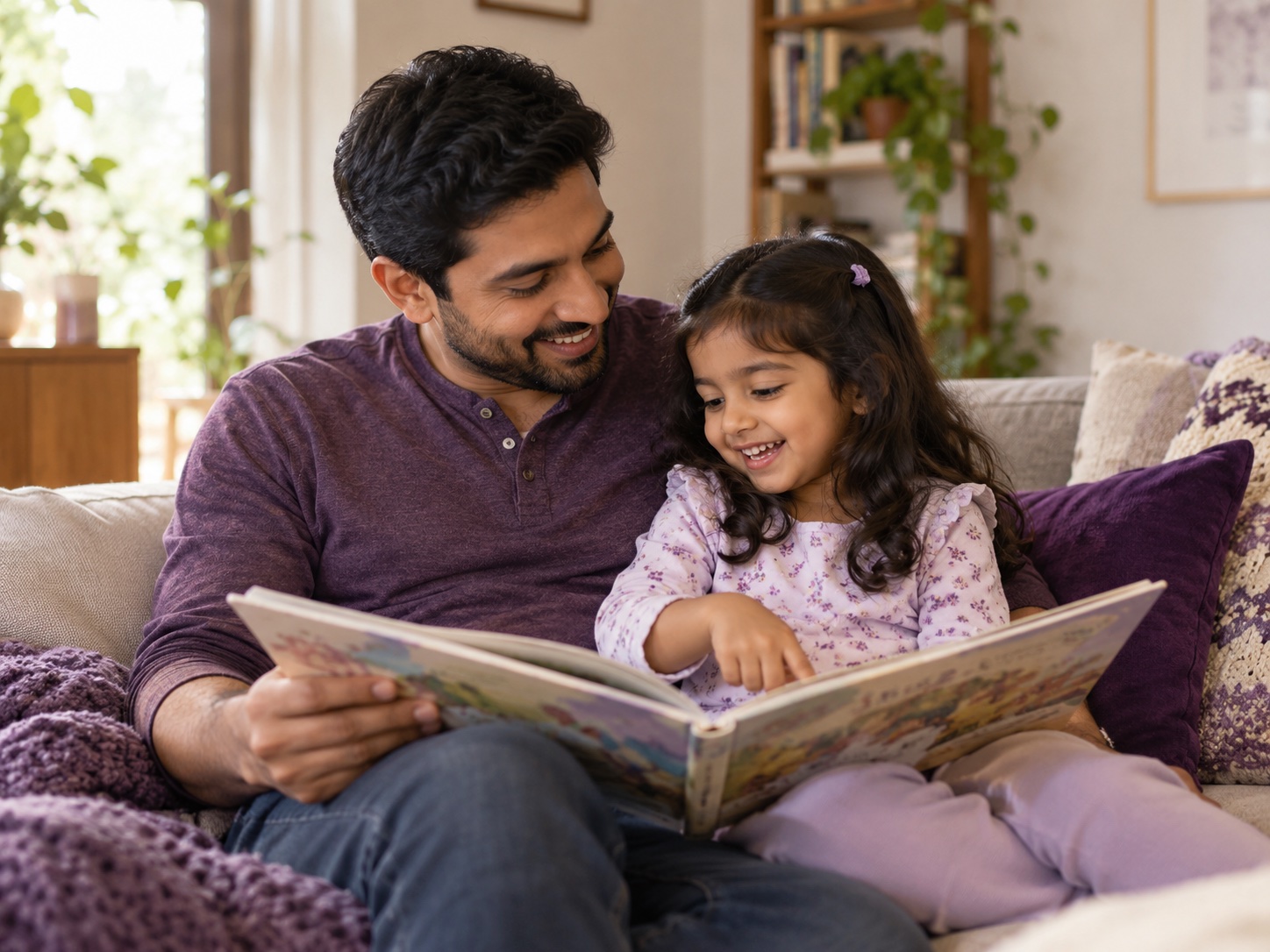 A father and young daughter sharing a picture book at home